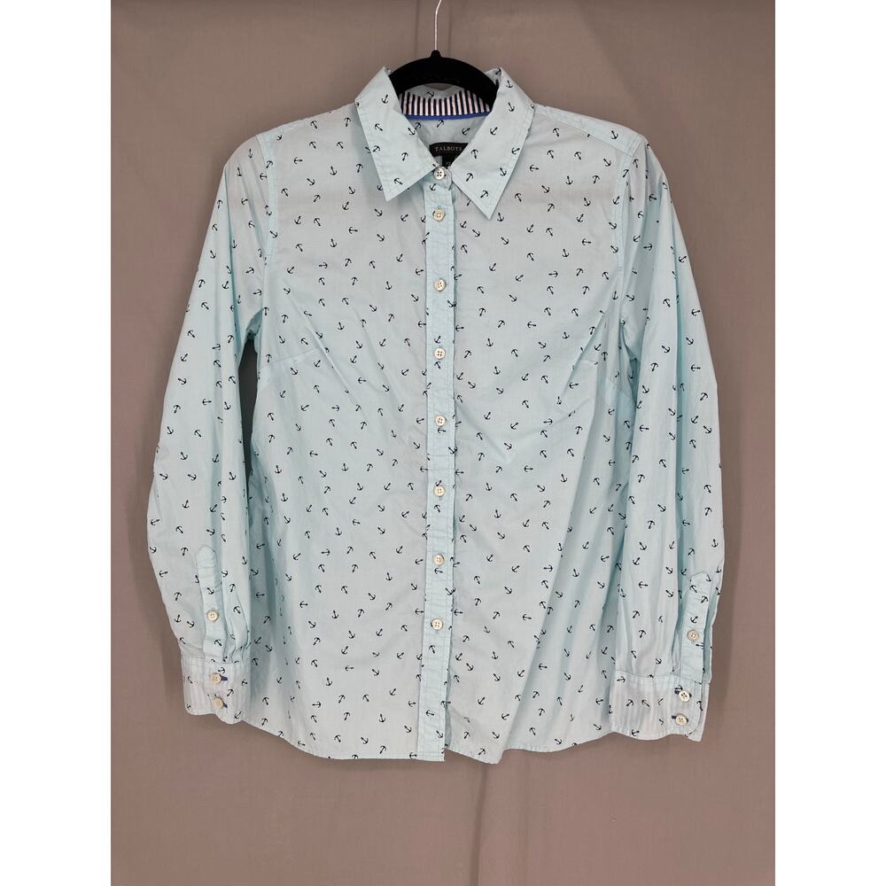 Talbots Top Womens XS Blue Anchor Print Nautical Button Long Sleeve Cotton - Picture 5 of 7